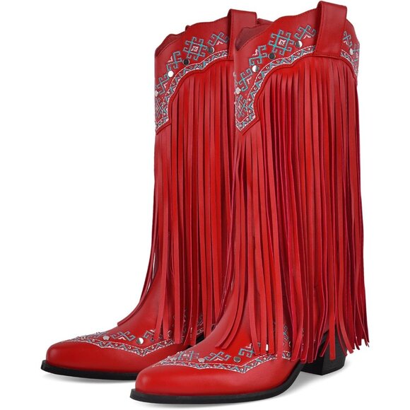 ⚡Women's Red Mid Calf Cowgirl Boot With Rivets Pull On Chunky Heel Embroidered